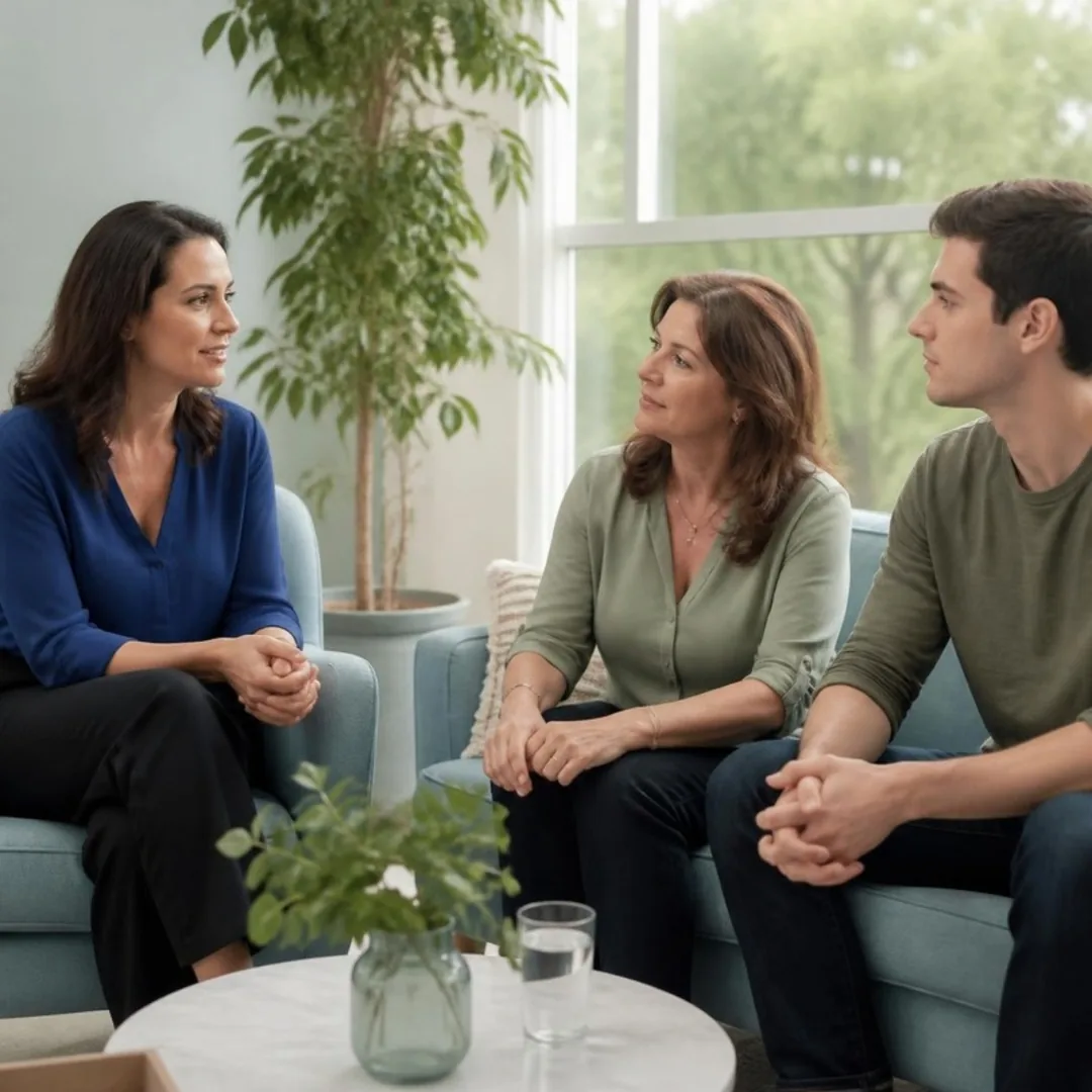 Mãe e filho adulto conversam com uma médica em consultório claro com plantas e luz natural