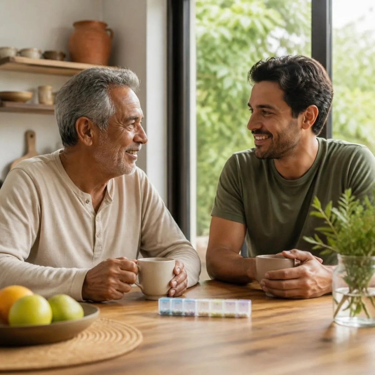 Pai idoso e filho adulto conversam sorrindo à mesa de uma cozinha clara pela manhã